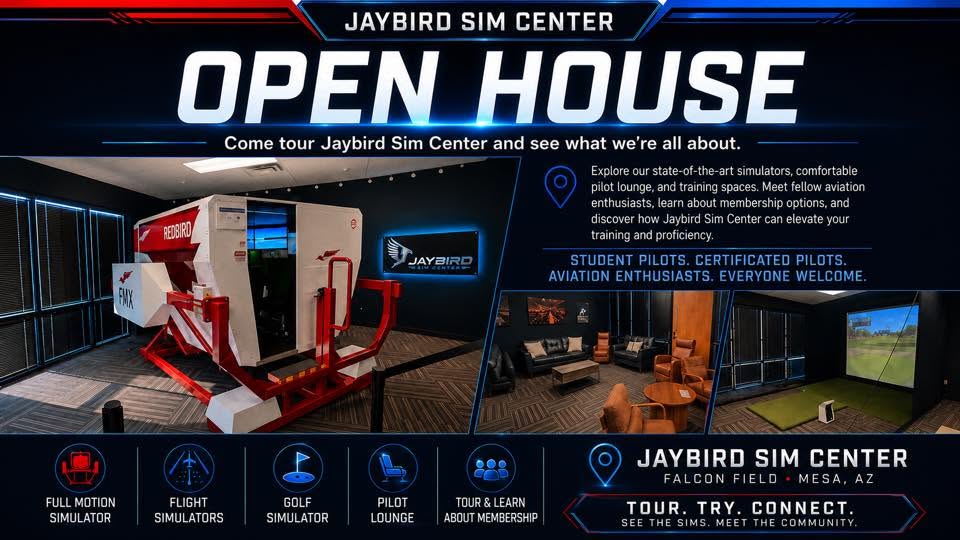Jaybird Sim Center Open House portrait flyer